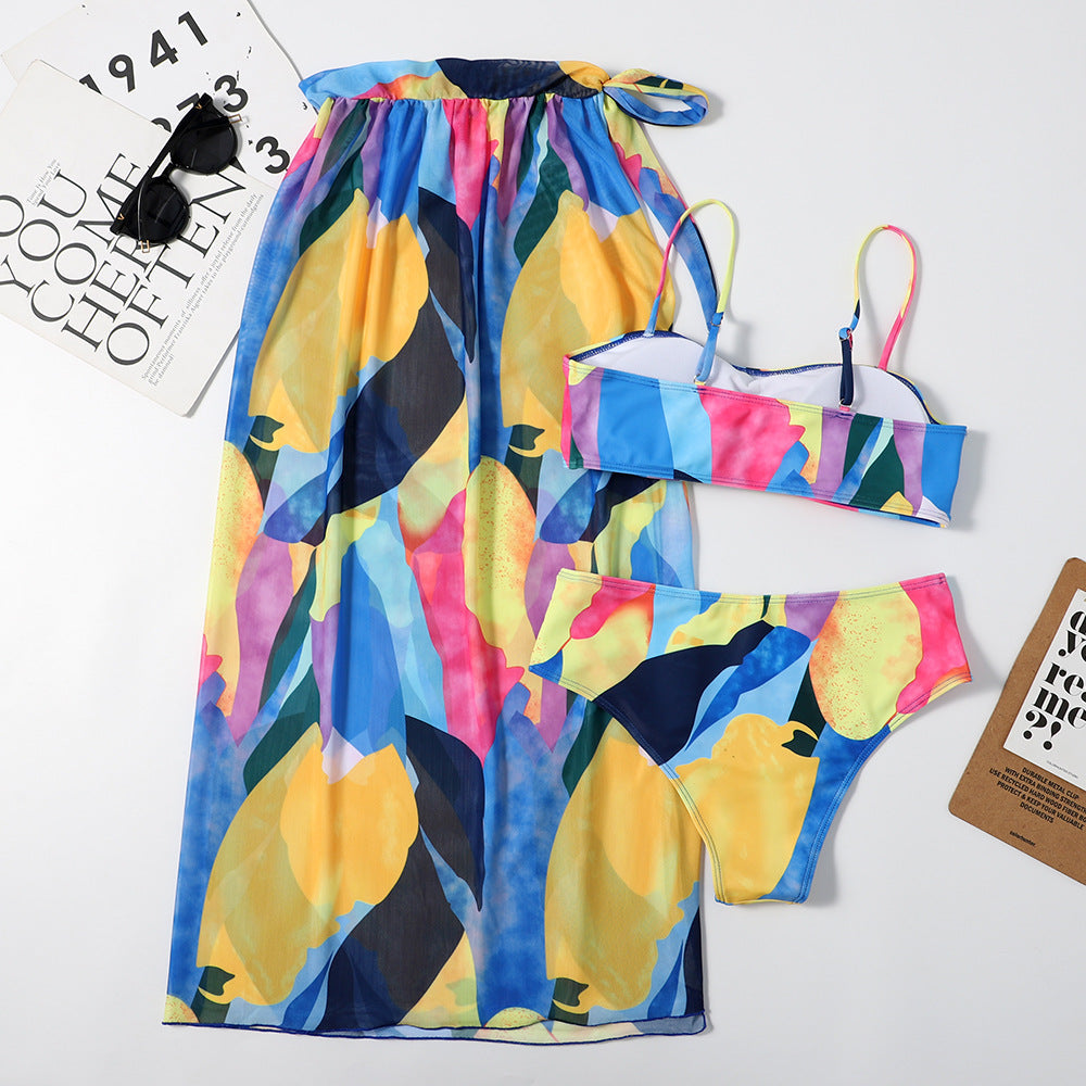 Mesh Women Triangle Bikini Three-Piece Set Printing Sexy Split Swimsuit Bella Mia