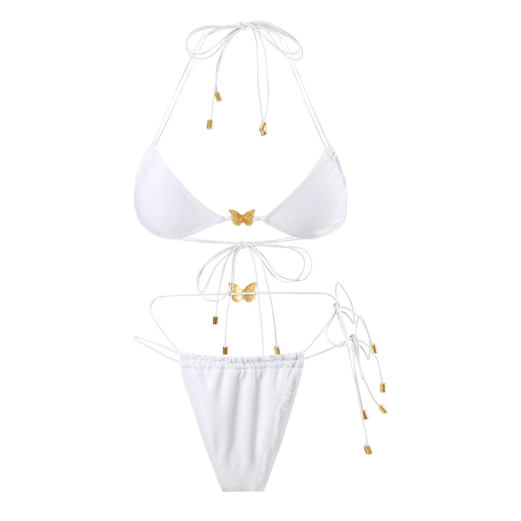 Solid Color Elastic String Butterfly Ornament Bikini Sexy Split Triangle Bag Tied Swimsuit Women Bella Mia