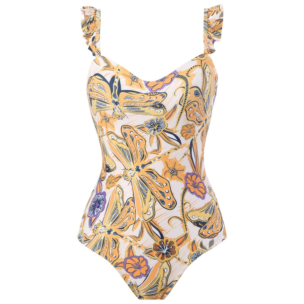 Women Flying Edge One Piece Women Swimwear Retro Cover Belly Slimming Swimsuit Chiffon Beach Dress Bella Mia
