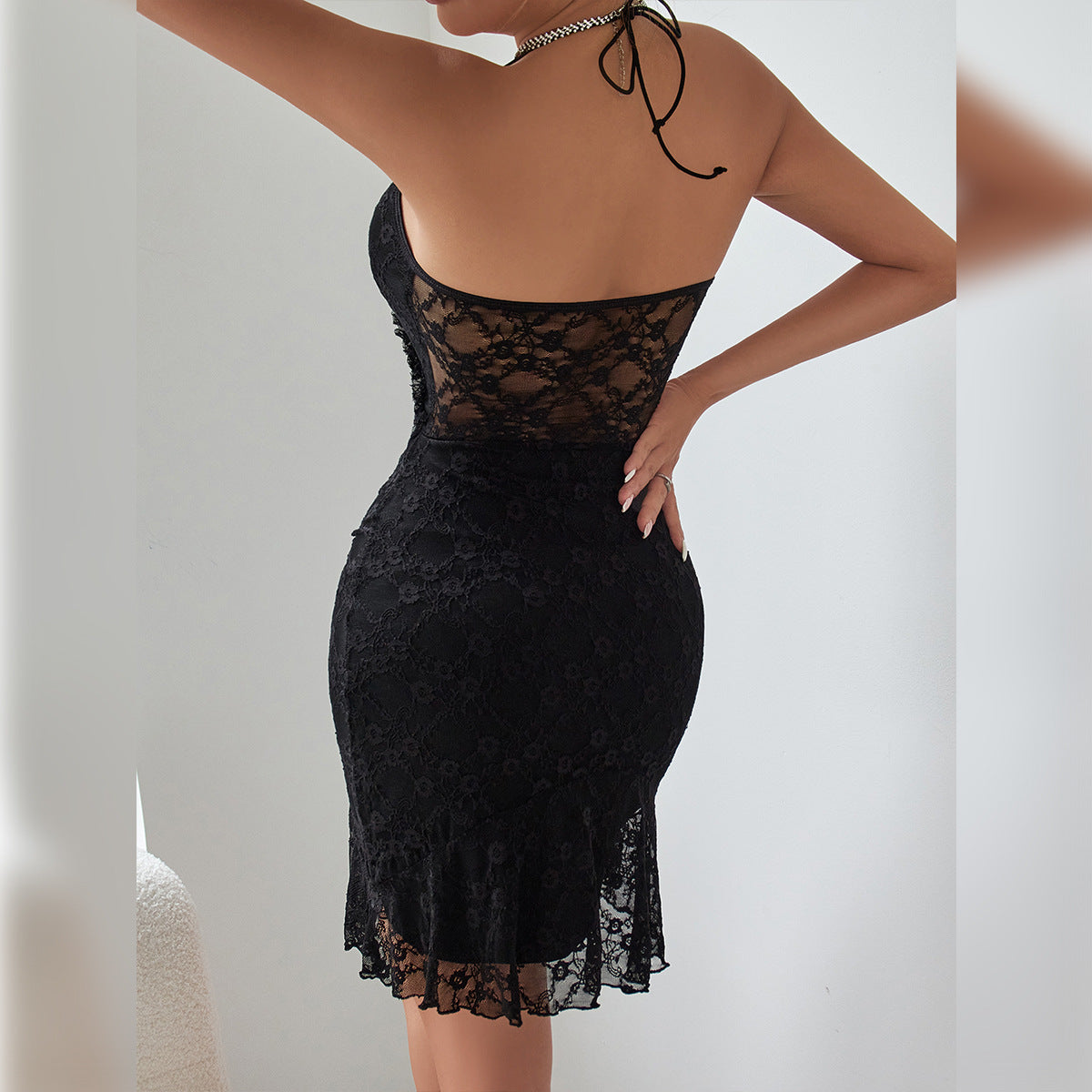 Charming Sexy Lace Pleating Wooden Ear Design Rope Halter Hip Hugger Black Dress Bella Mia