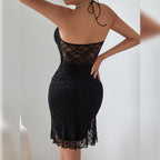 Charming Sexy Lace Pleating Wooden Ear Design Rope Halter Hip Hugger Black Dress Bella Mia