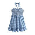 Short Spring Plaid Hollow Out Cutout Backless Strap Dress Tiered Dress Bella Mia