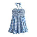 Short Spring Plaid Hollow Out Cutout Backless Strap Dress Tiered Dress Bella Mia