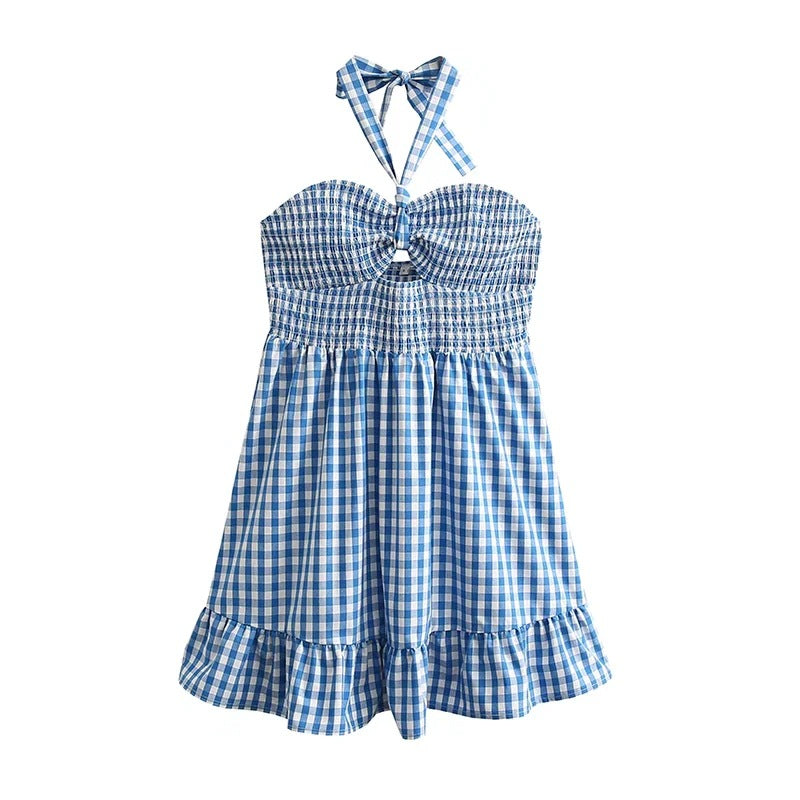 Short Spring Plaid Hollow Out Cutout Backless Strap Dress Tiered Dress Bella Mia