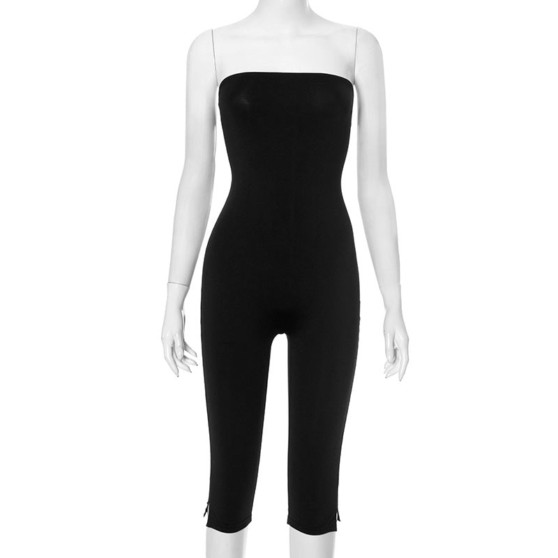 Women Clothing Summer Solid Color Sleeveless off Shoulder Plastic Slim Cropped Romper Bella Mia