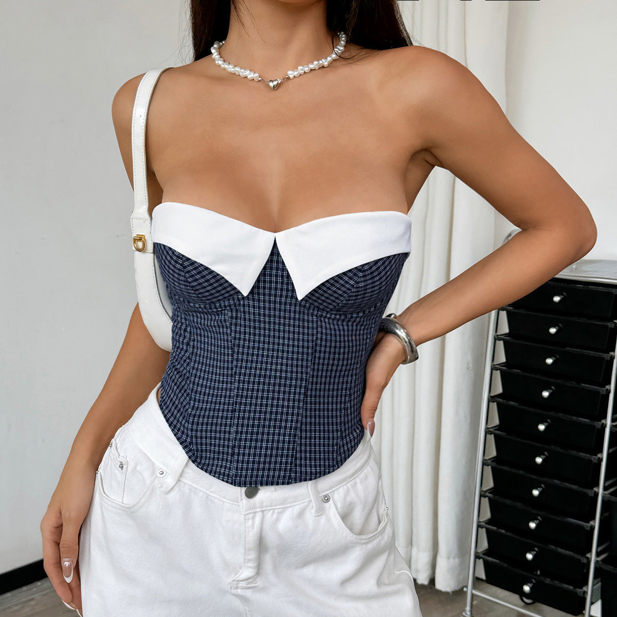 Plaid Stitching Contrast Color Office Niche Wear Sexy Lacing Backless Boning Corset Tube Top Bella Mia