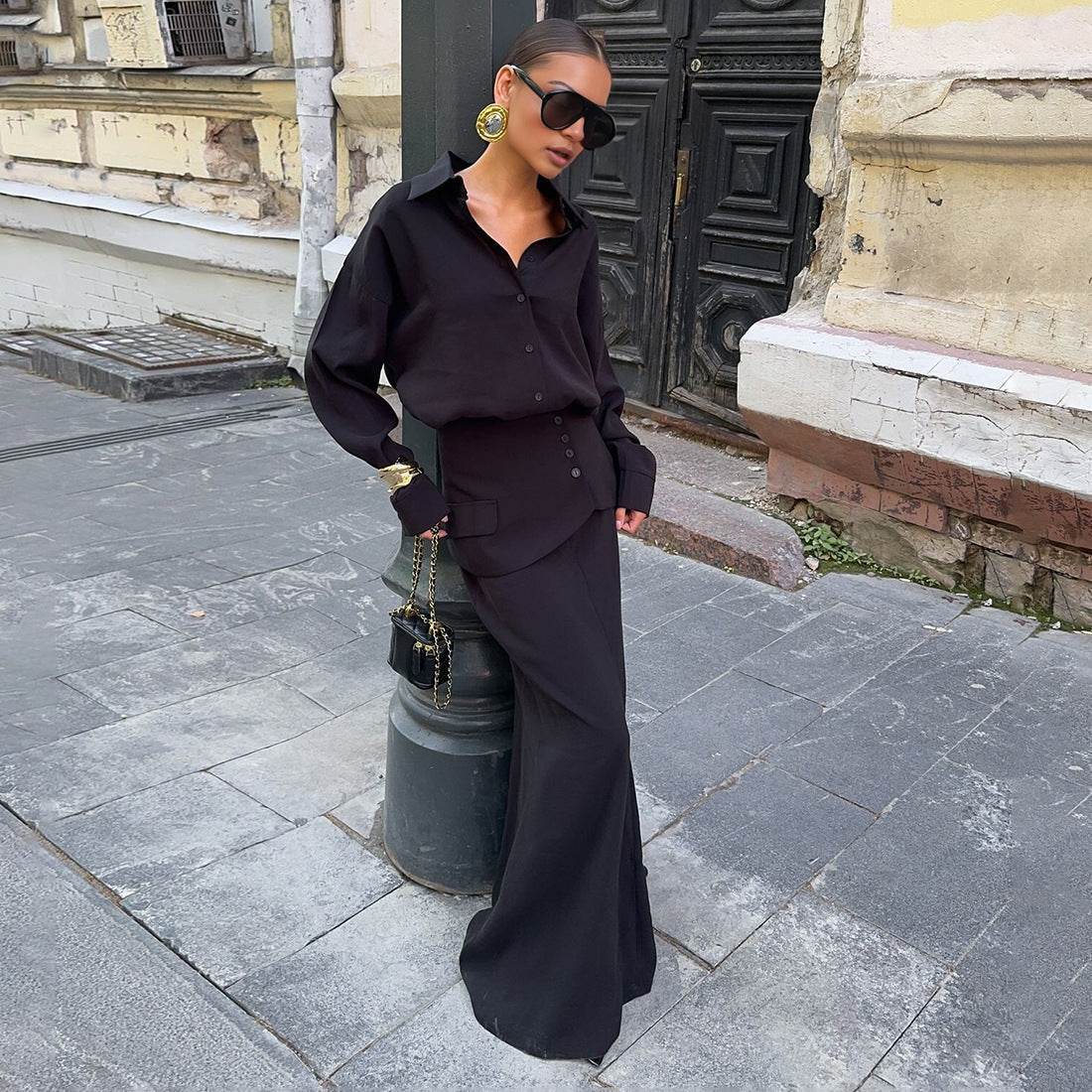 Women Clothing Fall Collared Long Sleeve Shirt Solid Color Waist Seal Skirt Three Piece Set Bella Mia