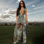Women Clothing Elegant Halter Deep V Plunge neck Backless Waist Tight Slit Dress Abstract Printing Dress Women Bella Mia