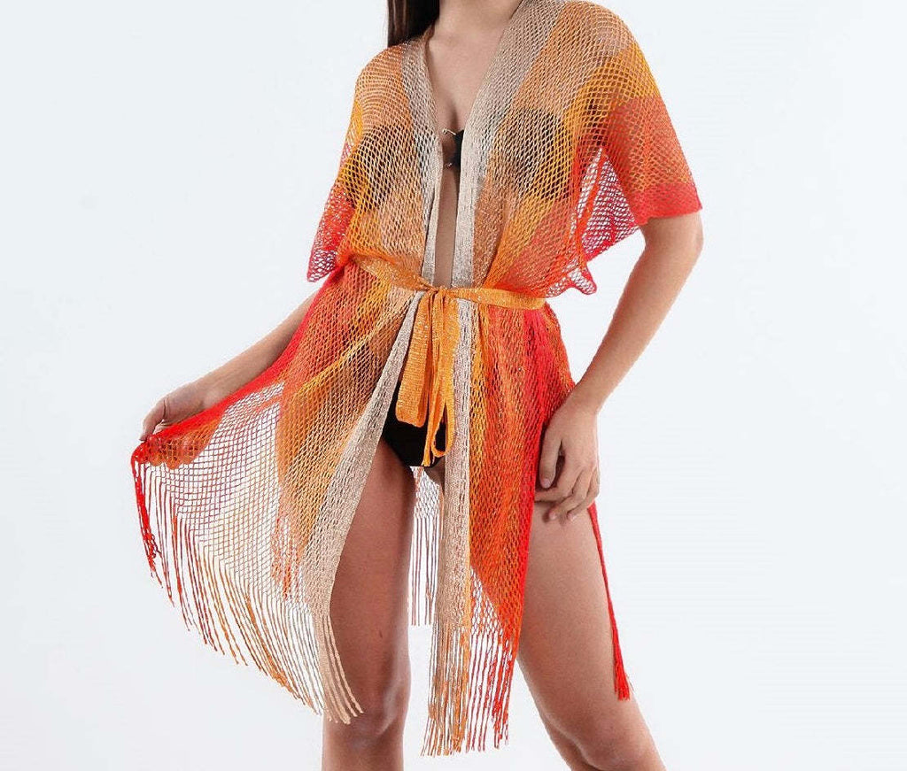 Summer Beach Sun Protection Shirt Lace up Cutout Tassel Sexy Slit Beach Cover Up Knitted Cardigan Shawl Crochet hook Crochet hook Crochet hook Bella Mia