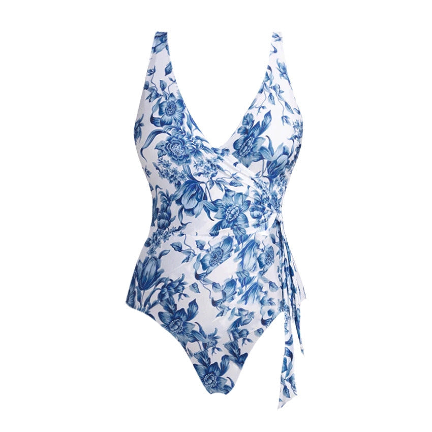 Bikini Blue Color Floral Vacation Split Swimsuit Women Bella Mia