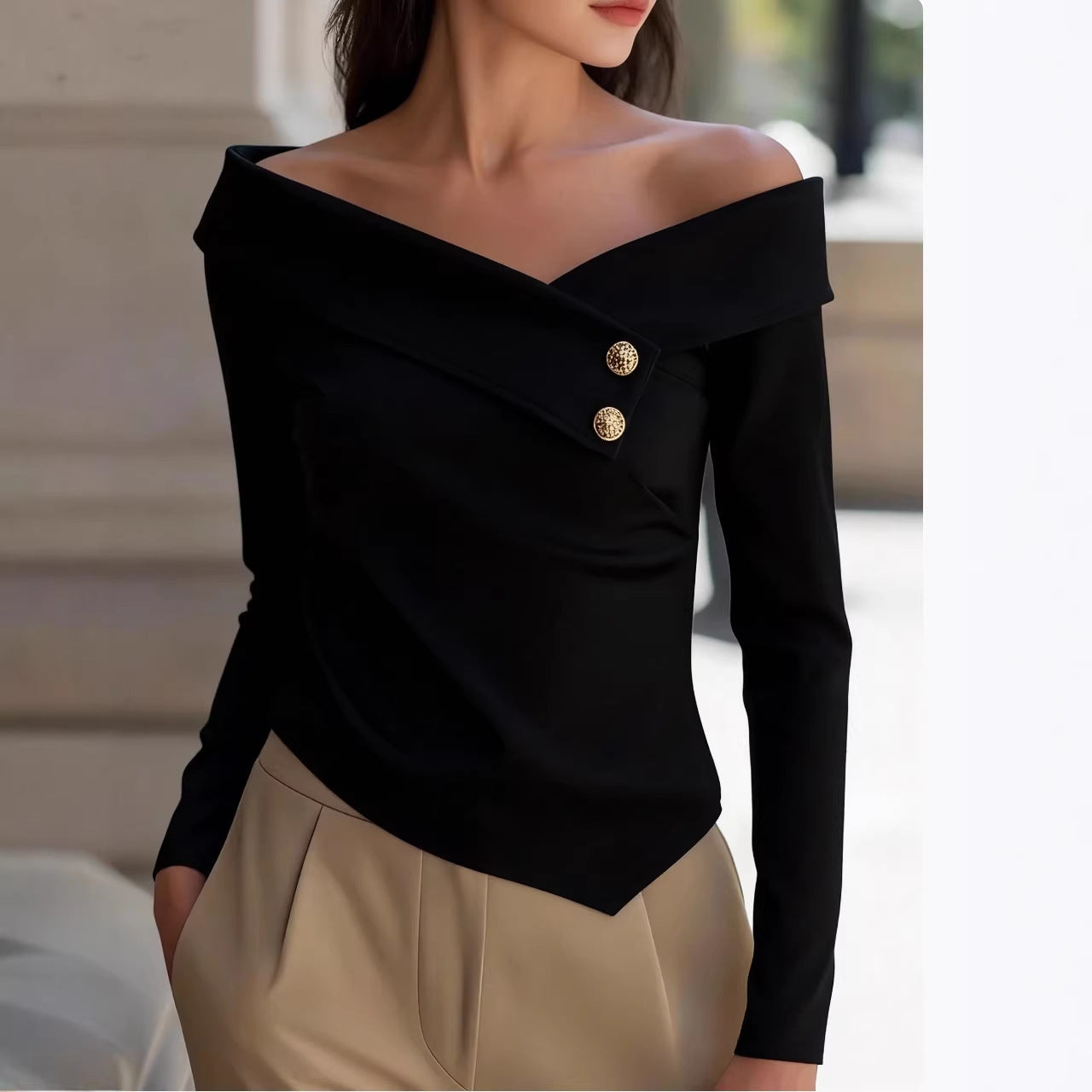 Women Clothing Spring Autumn Elegant Graceful off Shoulder Bottoming Long Sleeve Solid Color Bella Mia