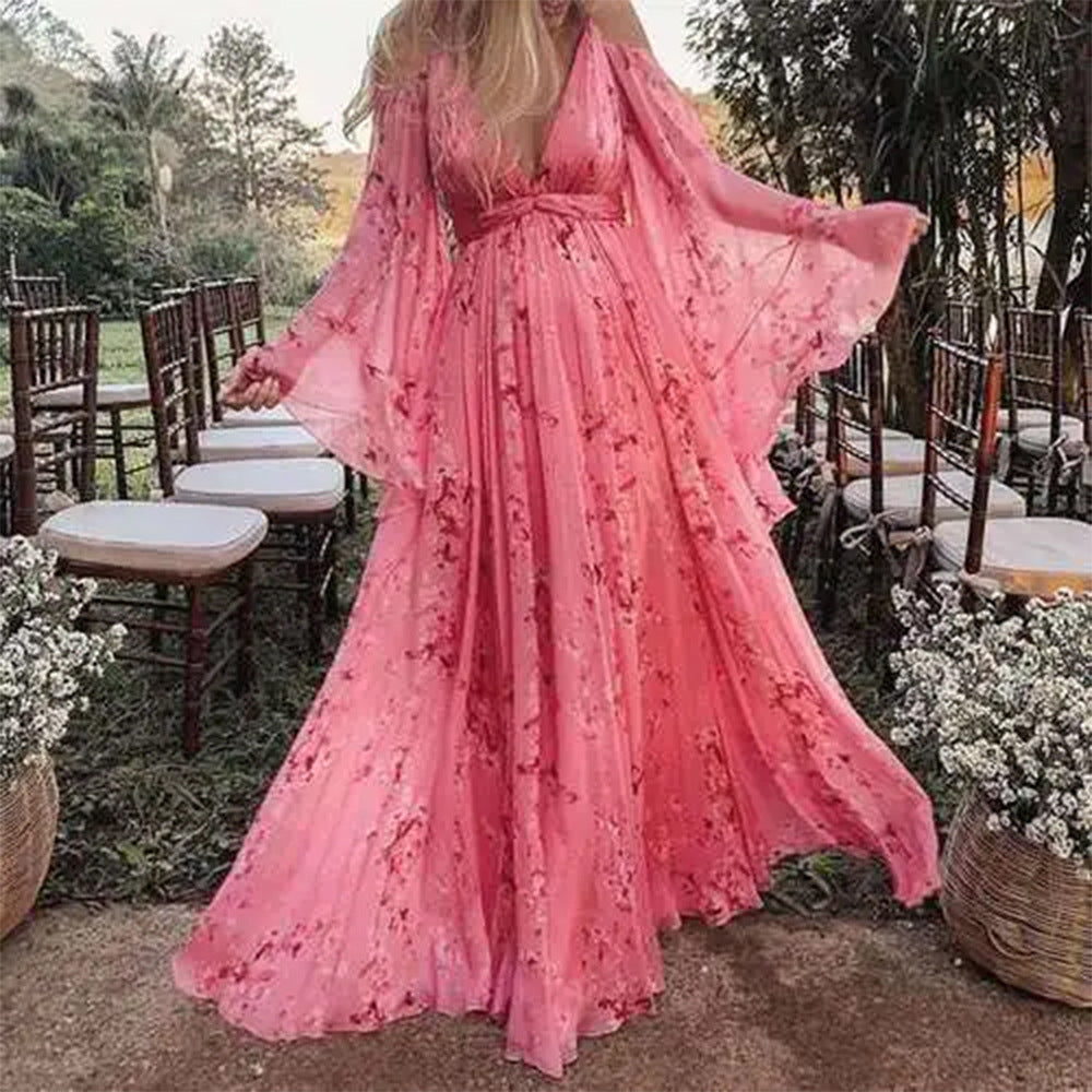 Suspender Deep V Plunge neck Printed Sexy Batwing Sleeve Pleated Mop Dress Maternity Dress Upper Lower Lining Bella Mia