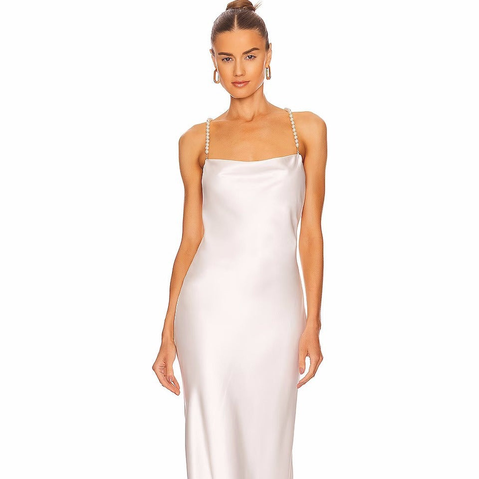 French White Bead Necklace Evening Dress Silk Satin Texture Women Sexy Backless Elegant Party Dress