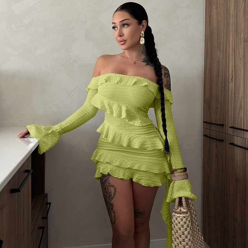 Autumn off Shoulder Ruffled Bell Sleeve Ribbon Dress Bella Mia