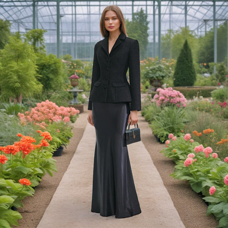 French Two Piece Set Autumn Waist Slimming Single Breasted Long Sleeve Elegant Skirt Set Women Bella Mia