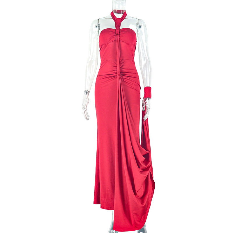 Solid Color Elegant Women Backless Lace up Tube Top Hip Pleated off Neck Dress Cocktail Dress Bella Mia