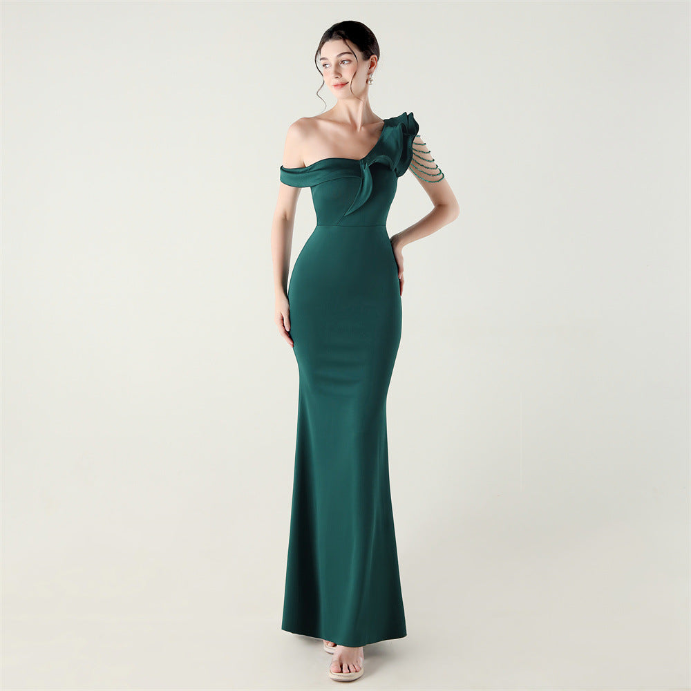 Ruffled One Shoulder Heavy Industry Beads String Slim Fit Satin Fishtail Evening Dress Wedding Red Carpet Cocktail Dress Bella Mia