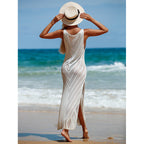 Travel Vacation Sexy Backless V neck Solid Color Breathable Knitted Maxi Dress Beach Sun Protection Blouse Crochet hook Bella Mia