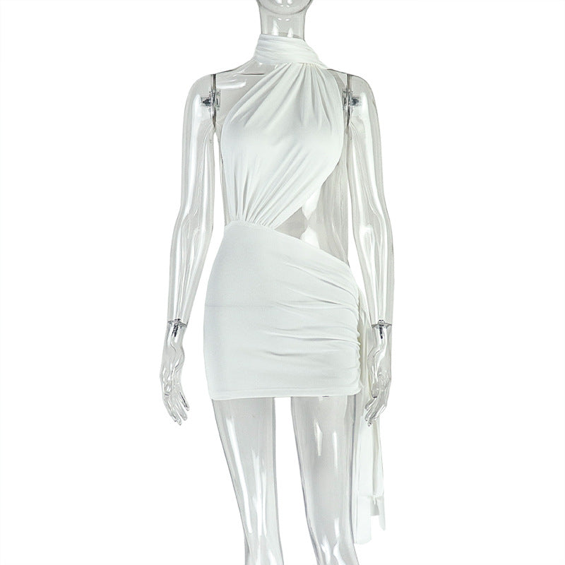 Street Women Wear Stitched Backless Solid Color Hip Lace up Pleated Asymmetric Dress Bella Mia
