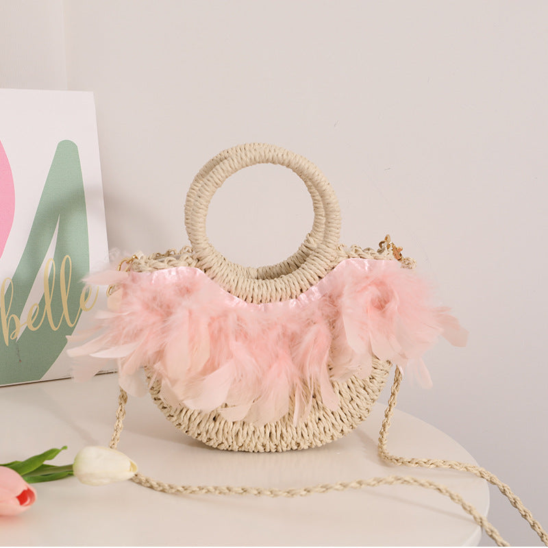 Fairy Feather Crossbody Straw Bag Cute Portable Semicircle Straw Bag Woven Bag Rattan Weave Bag Seaside Vacation Beach Bag Bella Mia