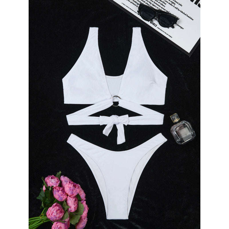 Women Split Three Point Solid Color Ring Small Sunken Stripe Bikini Sexy Swimsuit Bella Mia