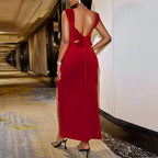 Velvet Party Sexy Elegant Square Collar Lace up Backless Waist Trimming Sheath Dress Bella Mia