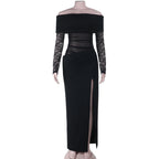 Autumn Sexy Sheer Mesh Lace off Shoulder Wrapped Chest Nipped Waist Sheath Dress Bella Mia