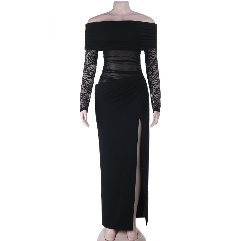Autumn Sexy Sheer Mesh Lace off Shoulder Wrapped Chest Nipped Waist Sheath Dress Bella Mia
