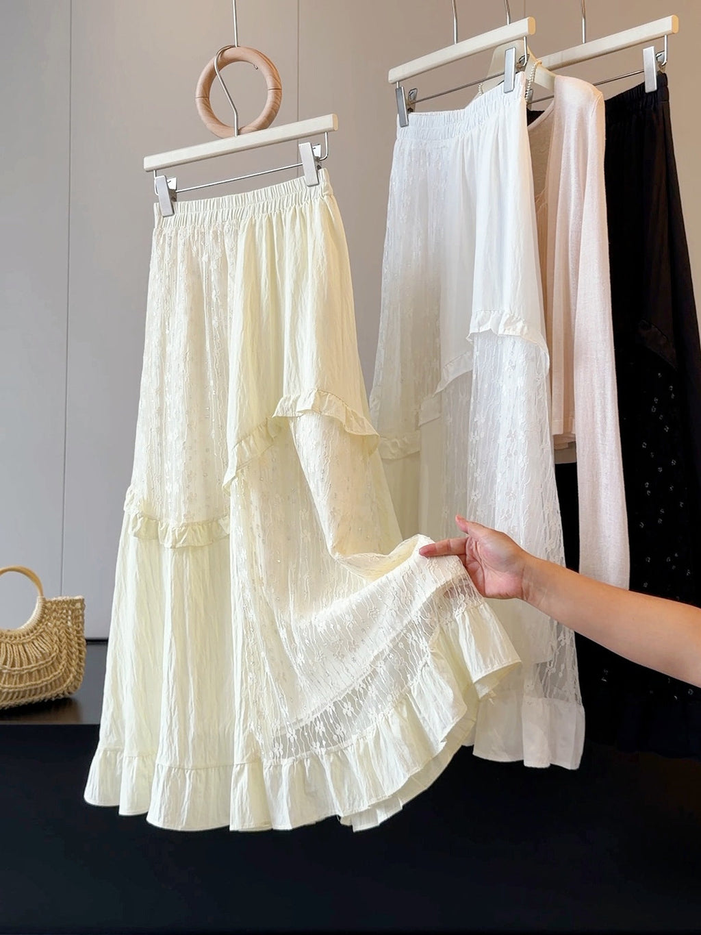 French Design Lace Stitching Skirt Women Summer High Waist Slimming A line Mid Length Tiered