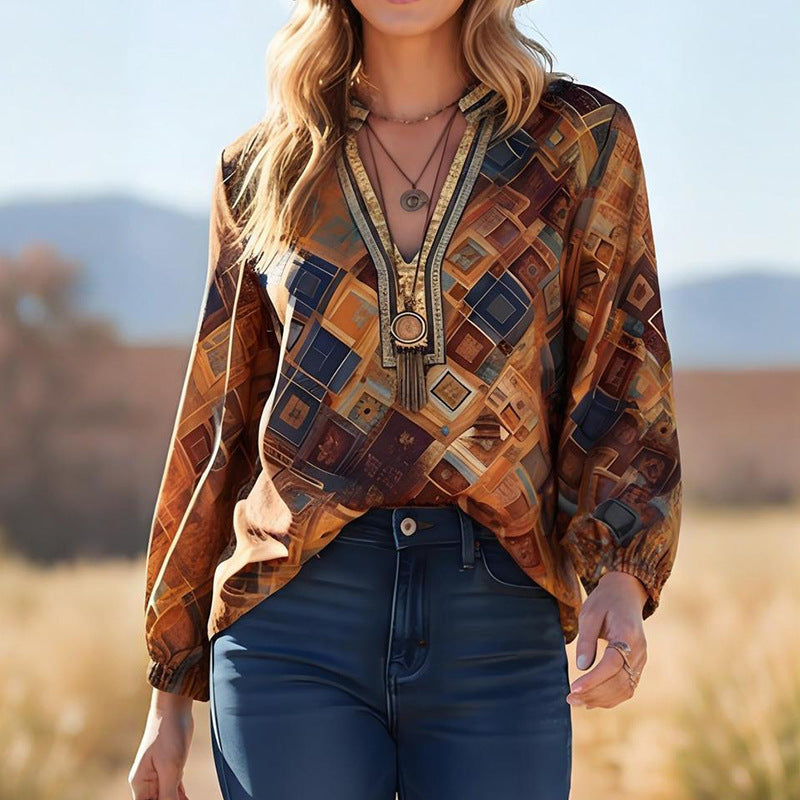 Women Printed Casual Long Sleeve Loose Shirt Top Bella Mia