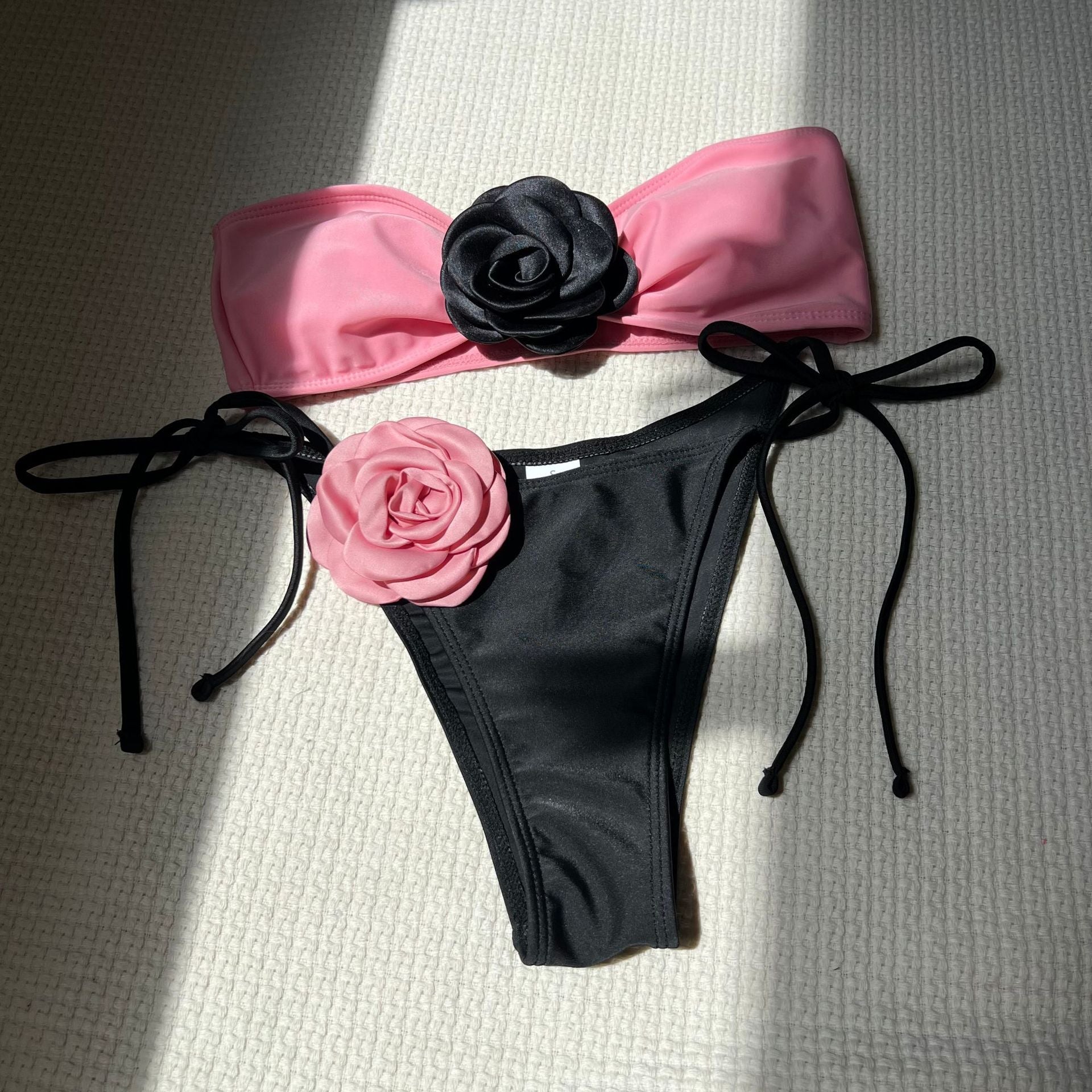 Color Matching Rose Tube Top Lace up Drawstring Strap Split Swimsuit Bikini Bella Mia
