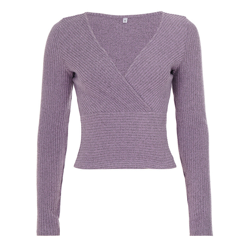 Sexy Gentle Purple Sunken Stripe Cross Collar Long Sleeve T shirt Autumn Winter Idle Waist Controlled Top