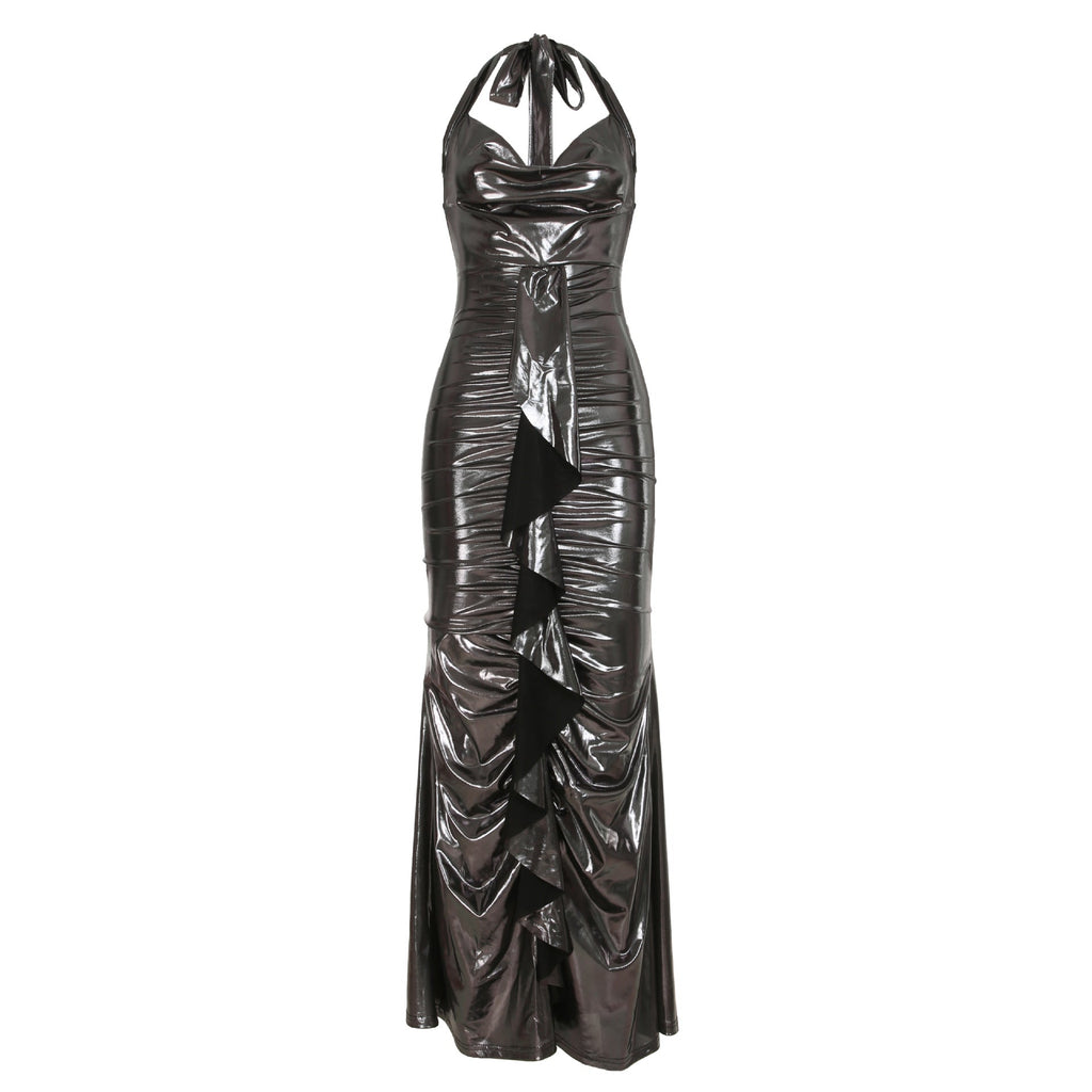 Sexy Dress Elegant Glossy Coating Backless Lace up Swing Collar Slim Fit Sheath Mop Dress Bella Mia
