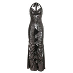 Sexy Dress Elegant Glossy Coating Backless Lace up Swing Collar Slim Fit Sheath Mop Dress Bella Mia