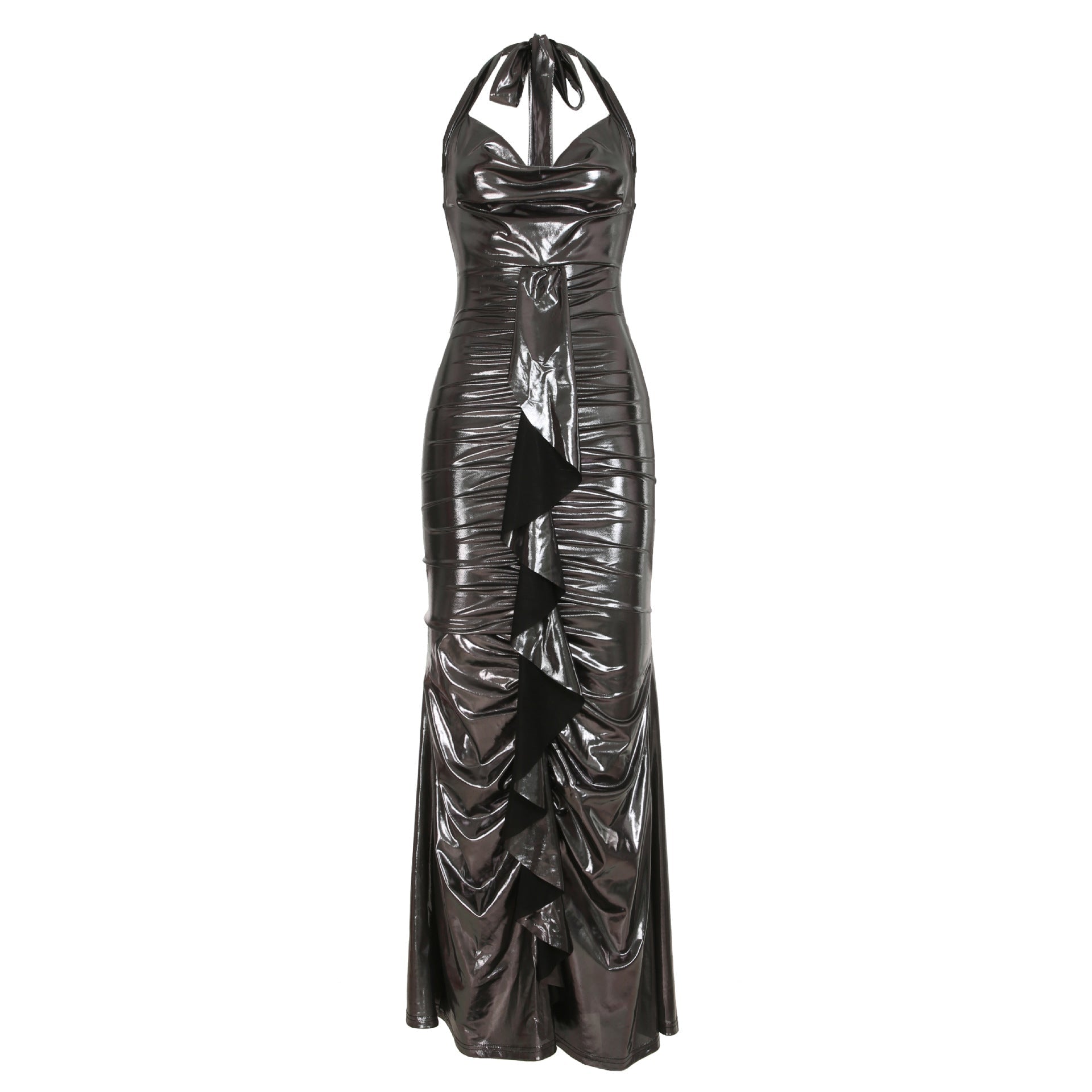 Sexy Dress Elegant Glossy Coating Backless Lace up Swing Collar Slim Fit Sheath Mop Dress Bella Mia