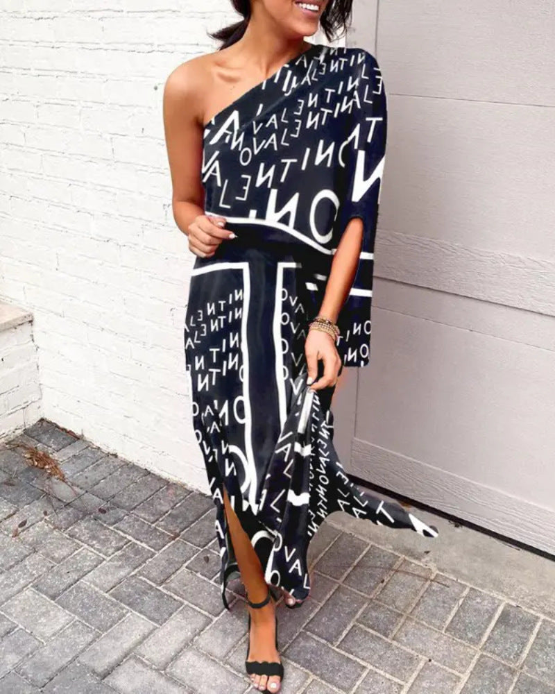 Women Clothing Dress Sexy Oblique Shoulder Elegant Single Side Sleeve Dress for Women Bella Mia