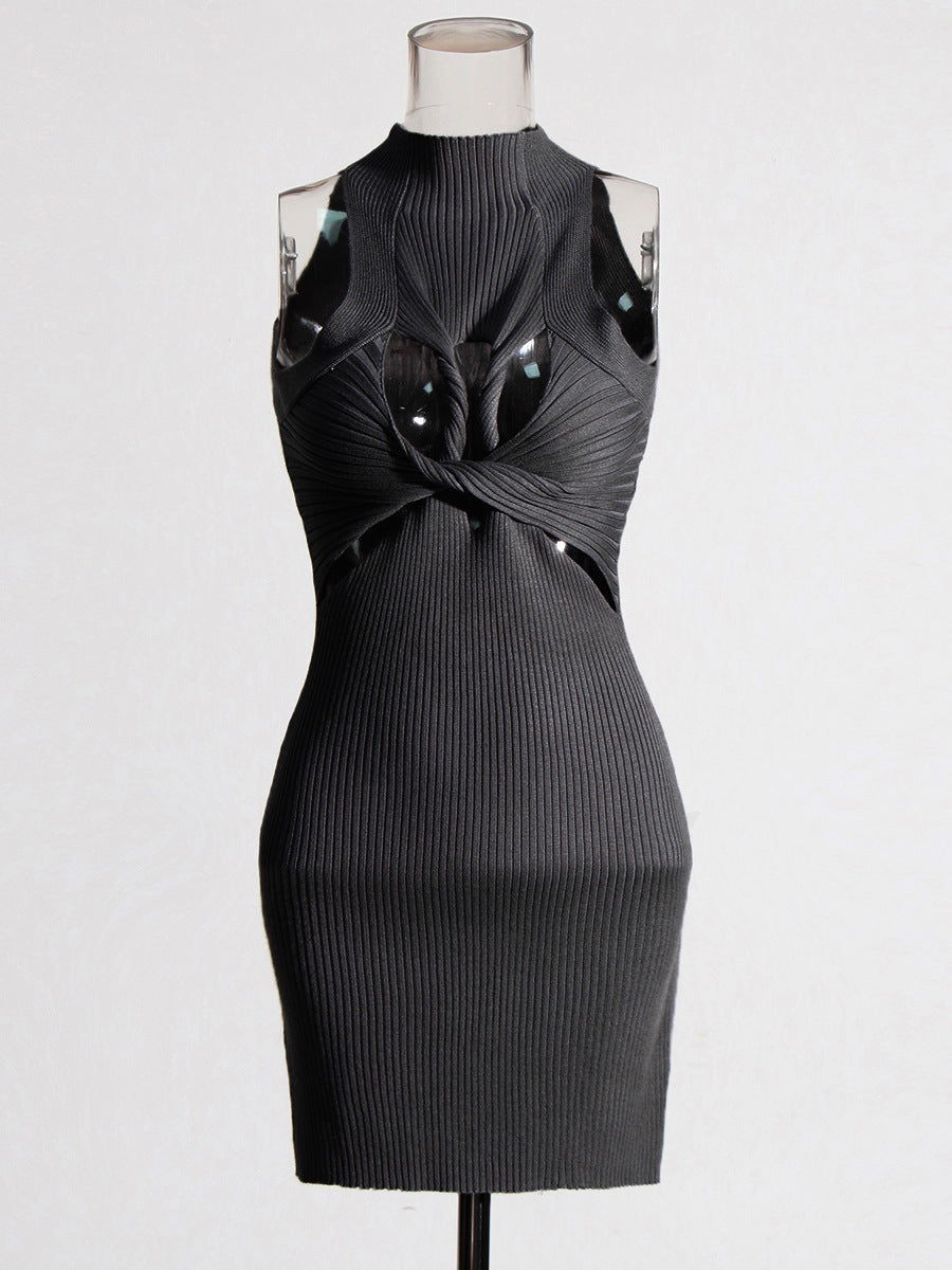 Sexy Sleeveless Elegant Design Hollow Out Cutout Twist Slim Fit Slimming Knitted Dress Women