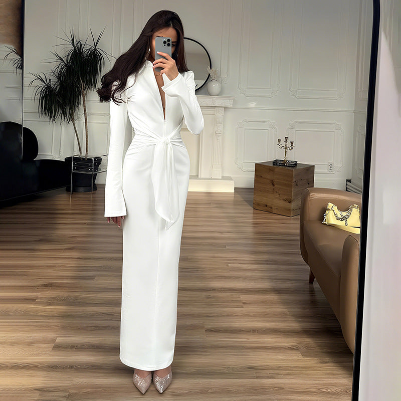 Fall Women Clothing Solid Color Collared Waist Tight Slim Fit Lace up Long Sleeve Zipper Dress Bella Mia