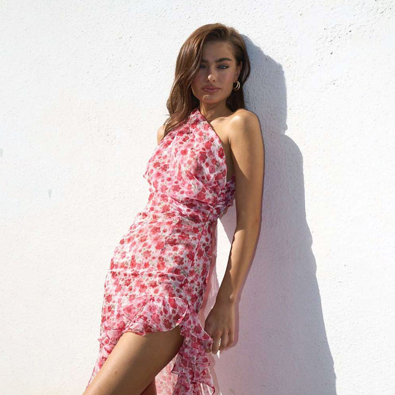 Summer Women Clothing French Small Floral Oblique Shoulder Dress Sexy Side Split Tied Dress Bella Mia