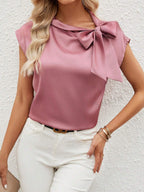 Half Open Collar Bow Satin Top Special Interest Design Satin Women Clothing T shirt Bella Mia