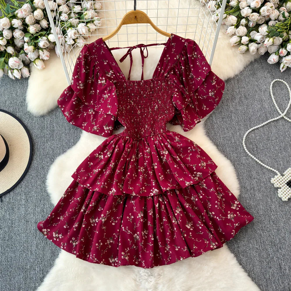 Design Summer Ruffle Sleeve Retro Pleated Floral Skirt