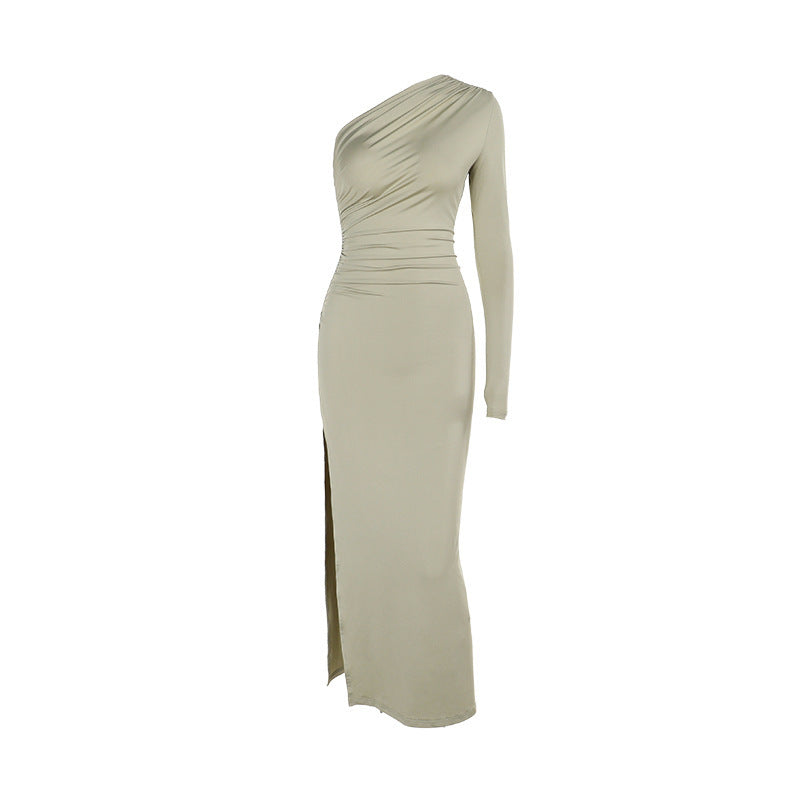 Autumn Elegant Sexy Slim Shoulder Pleated Single Layer Sleeves Dress Women Bella Mia