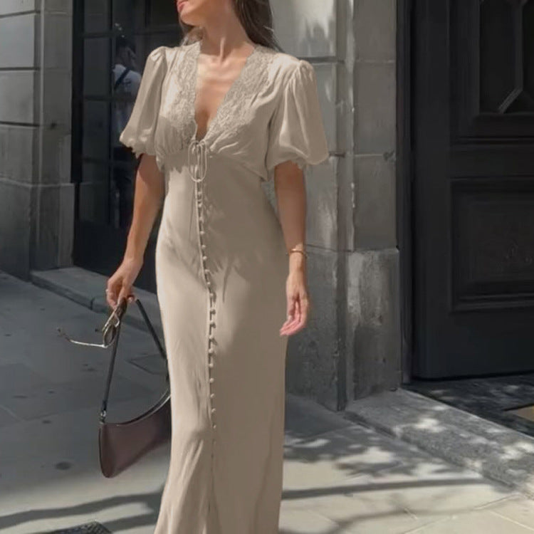 Lace Stitching Elegant Dress Summer Women Clothing V neck Puff Sleeve Single Breasted Sheath Dress
