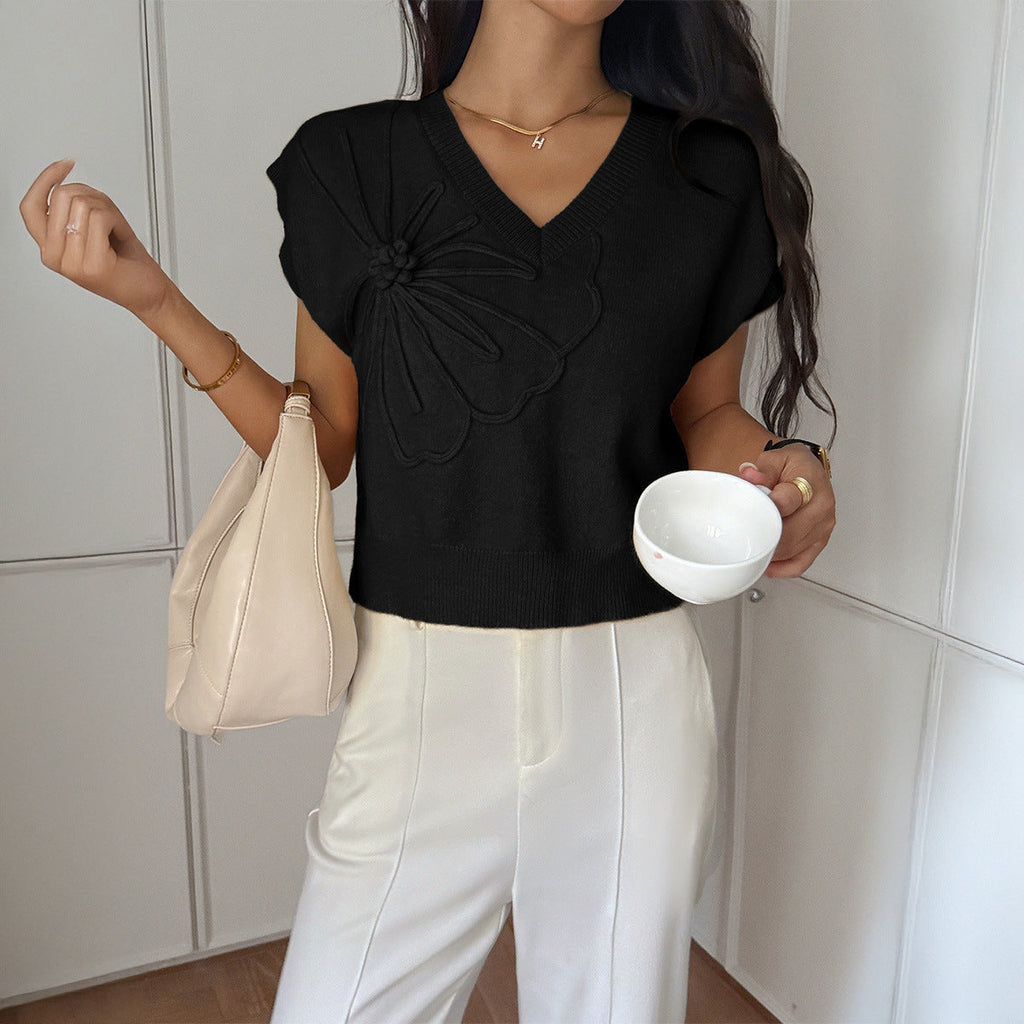 Women Clothing Autumn Winter Casual Vacation Deep V Plunge Neck Solid Color Sweater with Short Sleeves Bella Mia
