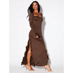 Arrival Pleated Ruffled Stitching High Slit Small Horn Long Sleeved Women Autumn Winter Dress Bella Mia