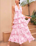 Spring Women Clothing Dress Sexy V neck Sling Multi Layer Printing Dress Bella Mia