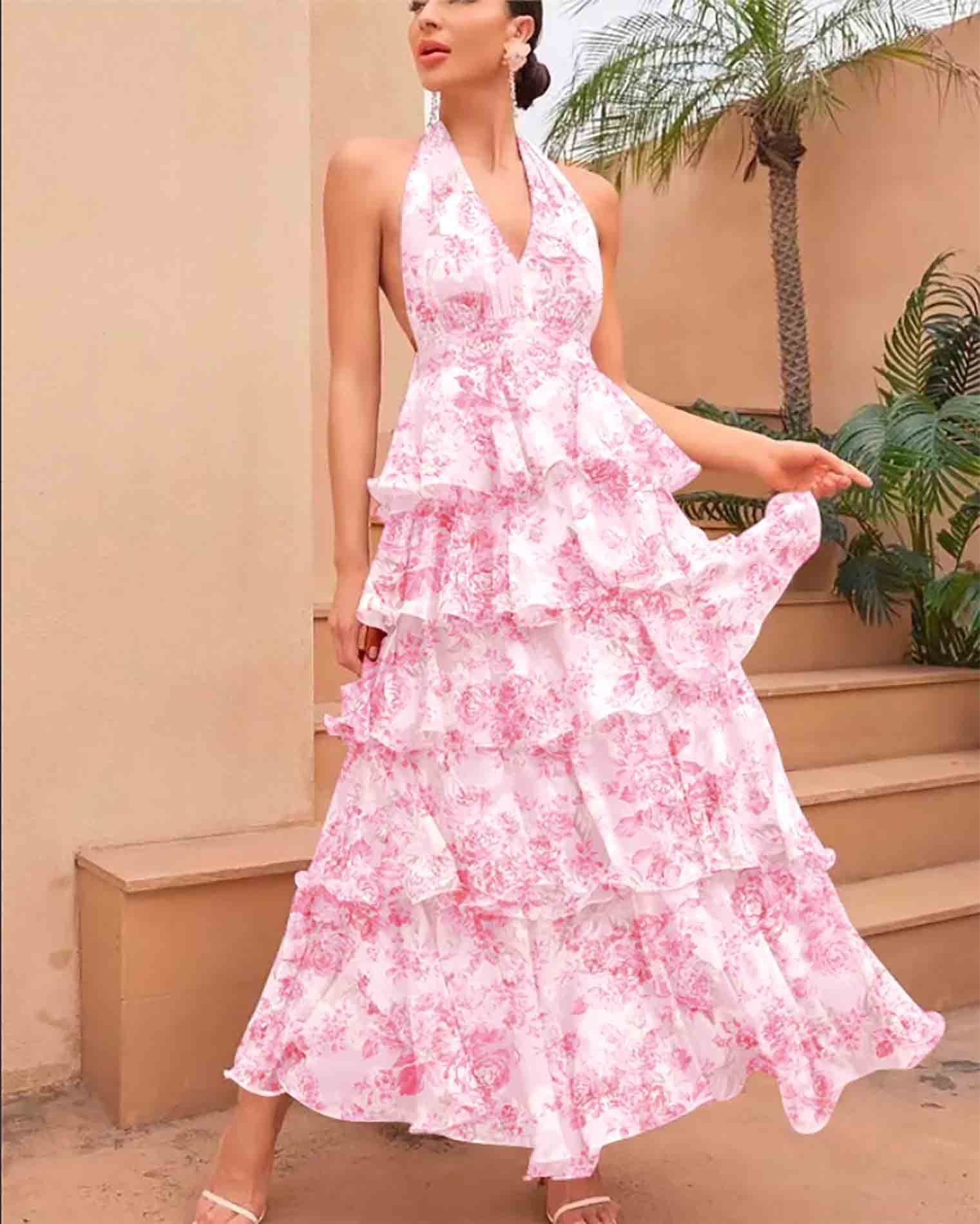 Spring Women Clothing Dress Sexy V neck Sling Multi Layer Printing Dress Bella Mia