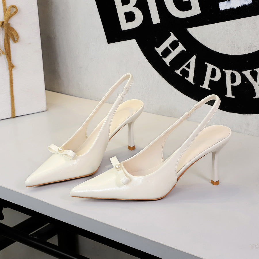 Fashionable Back Empty Back Strap Women Shoes Pointed Toe Low Cut Bowknot Patent Leather Hollow Out Cutout Stiletto Heel