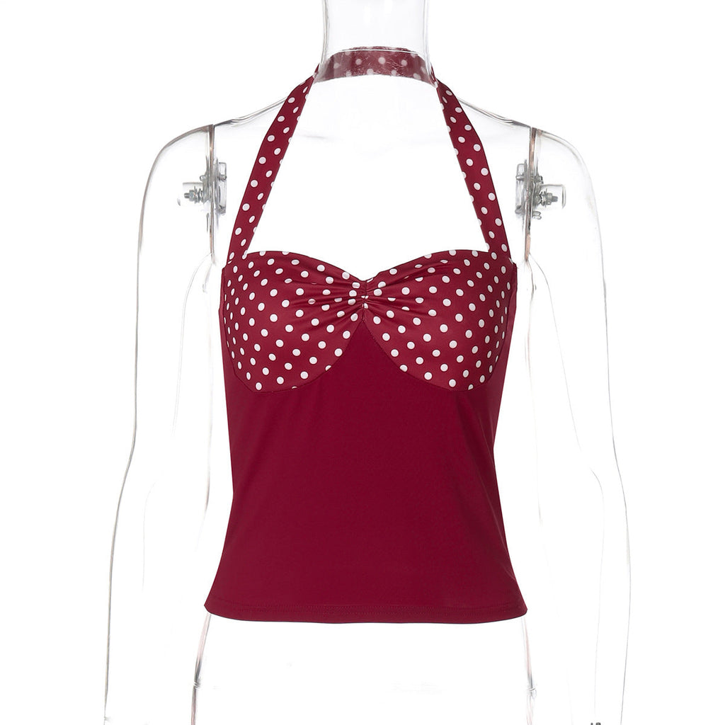 Women Clothing Summer Pure Want to Contrast Color Dot Halter Backless Top Women Bella Mia
