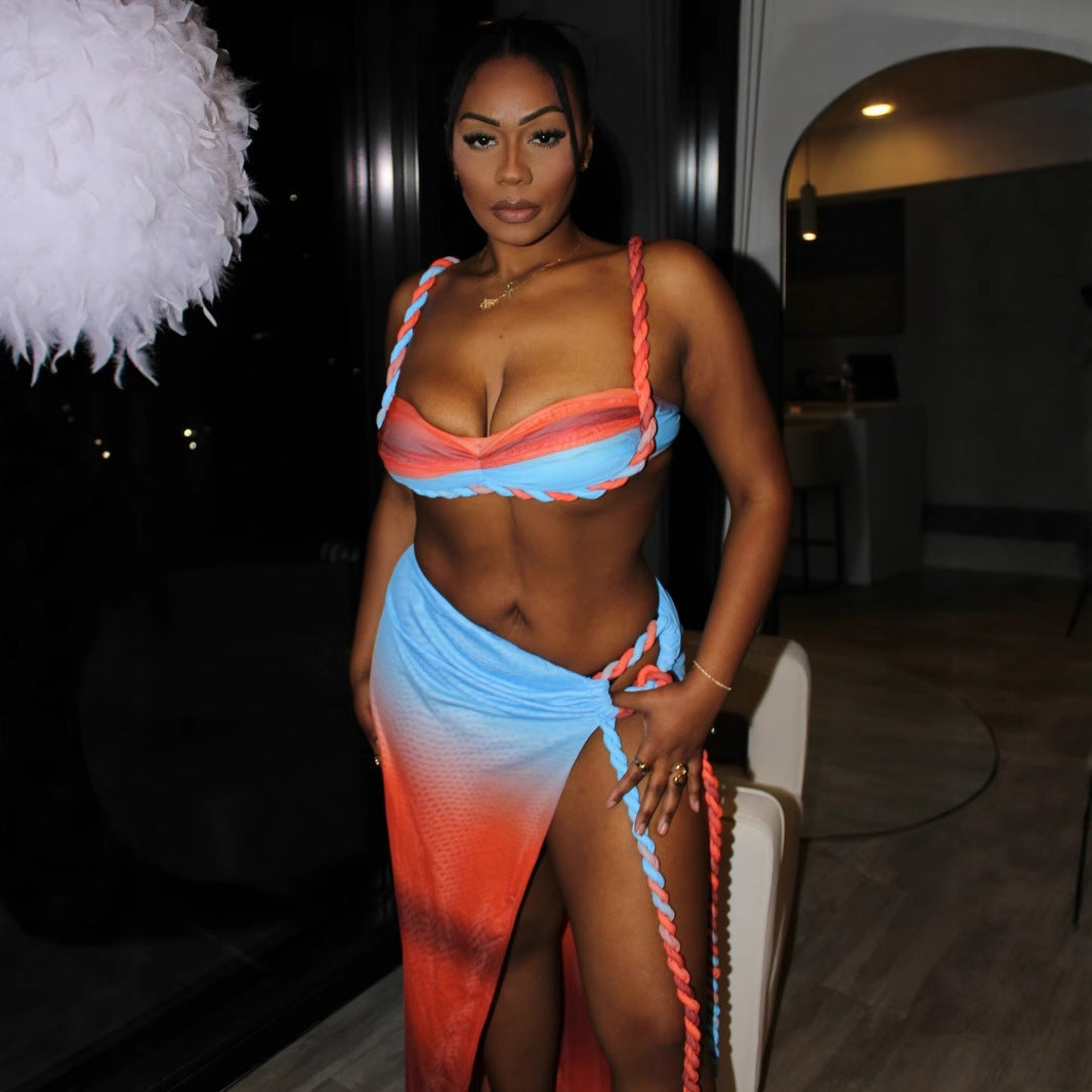 Summer Sexy Beach Vacation Swimsuit Woven Halter Top Top Split Skirt Set Bella Mia